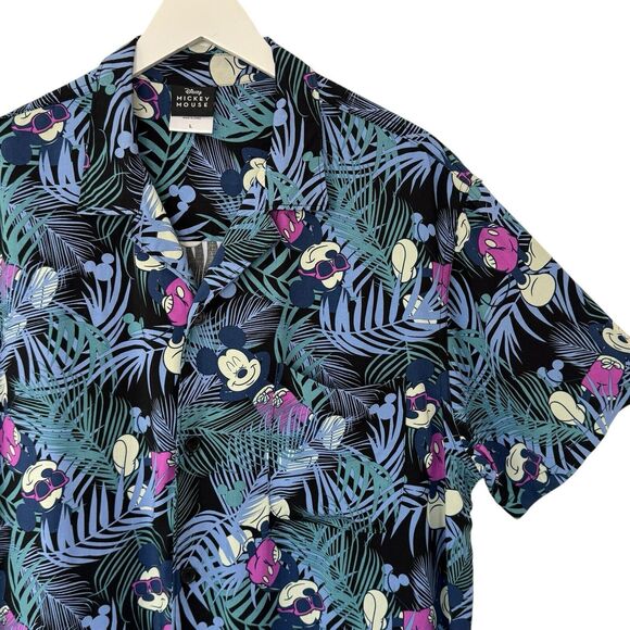 DISNEY Mickey Mouse Rayon Hawaiin Shirt Tropical Party Short Sleeve Black Large - Picture 1 of 8